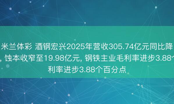 米兰体彩 酒钢宏兴2025年营收305.74亿元同比降12.25%， 蚀本收窄至19.98亿元， 钢铁主业毛利率进步3.88个百分点